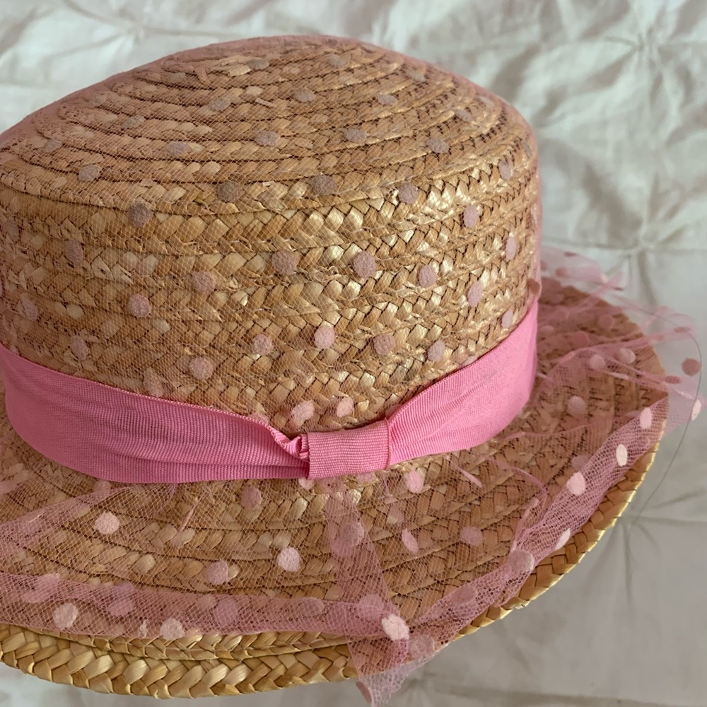 Girls straw hat with pink ribbon